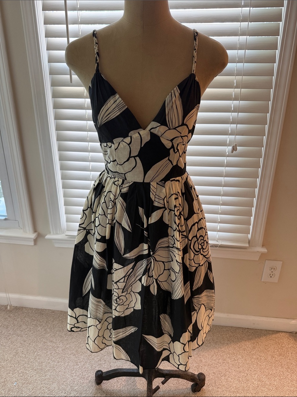 Black & Cream Floral Spaghetti-Strap Mini Dress